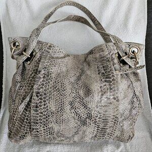 Elliott Lucca Taupe Snake-Embossed Leather Tassel Hobo Shoulder Bag